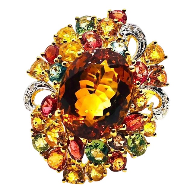 Bochic “Orient” Vintage Natural Citrine, Diamond & Sapphire Ring Set In 18K Gold For Sale