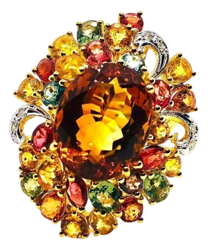 Bochic “Orient” Vintage Natural Citrine, Diamond & Sapphire Ring Set In 18K Gold