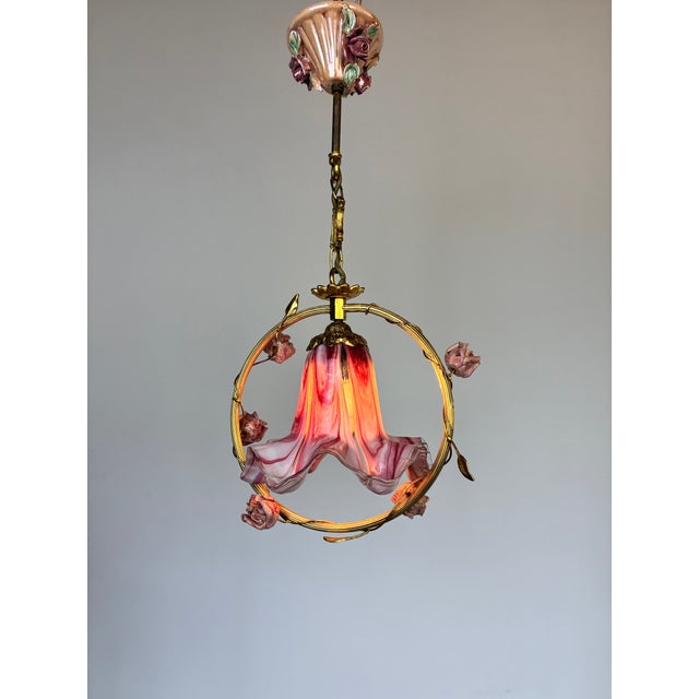 ⁠1970s Vintage Italian Pink Murano Ruffled Glass and Ceramic Rose Chandelier⁠ For Sale - Image 16 of 17