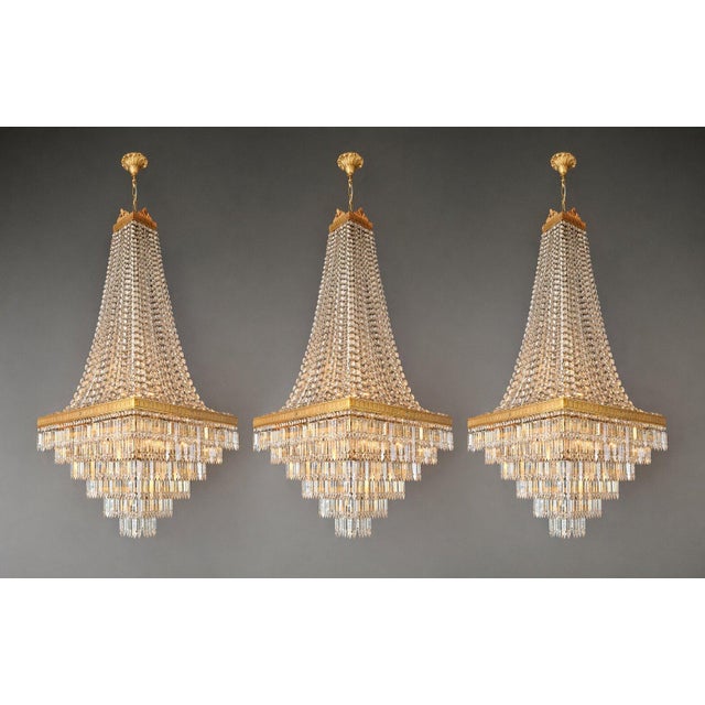 Antique Art Deco Crystal Chandeliers Brass Tiered Chandelier Restored - Set of 3 For Sale - Image 9 of 9
