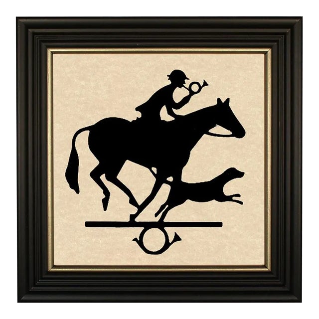 Hunter With Bugle and Hound Framed Paper Cut Silhouette in Black Wood Frame With Gold Trim For Sale