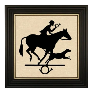 Hunter With Bugle and Hound Framed Paper Cut Silhouette in Black Wood Frame With Gold Trim