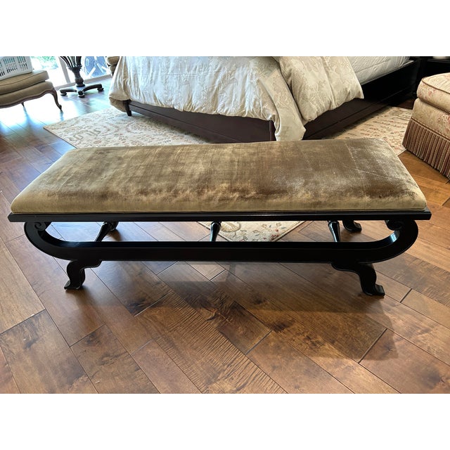 Classic bench by Heritage Drexel Heritage upholstered In luxurious neutral green velvet. This bench features elegant...