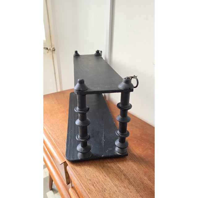 Vintage Wooden Black Tiered Shelf, Turned Spindle Display Stand, Rustic 2 Tier Wall Shelf, Folk Art Wood Rack, Cottage Decor For Sale - Image 17 of 17