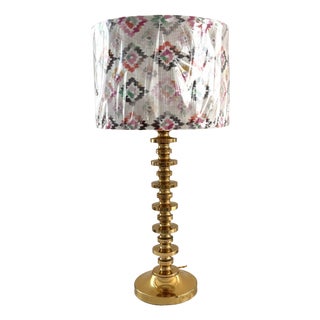 Mid-Century Brass Table Lamp with Ikat Lampshade, 1970s For Sale
