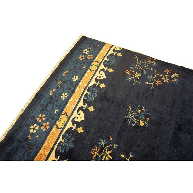 Textile 1920s Antique Traditional Floral Chinese Peking Hallway Runner Blue Knotted Rug For Sale - Image 7 of 7