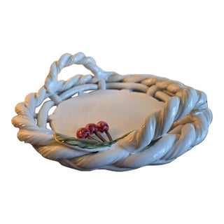 Large 12" Vintage Portuguese Hand-Woven Ceramic Centerpiece Basket With Cherries For Sale