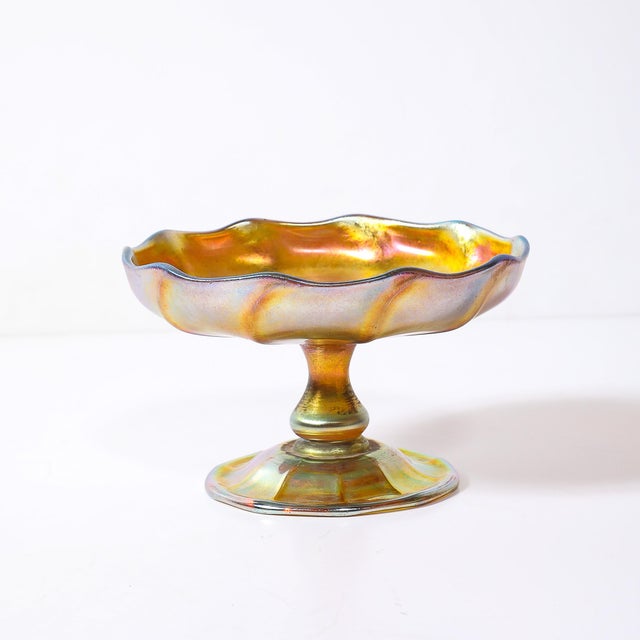 Art Nouveau Iridescent Yellow Blue Favrile Glass Footed Dish Signed Tiffany & Co For Sale - Image 10 of 17