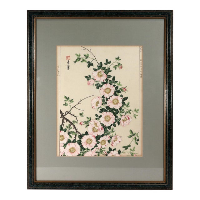 Japanese Woodblock Botanical Print of Wild Roses by Tanigami Kōnon For Sale