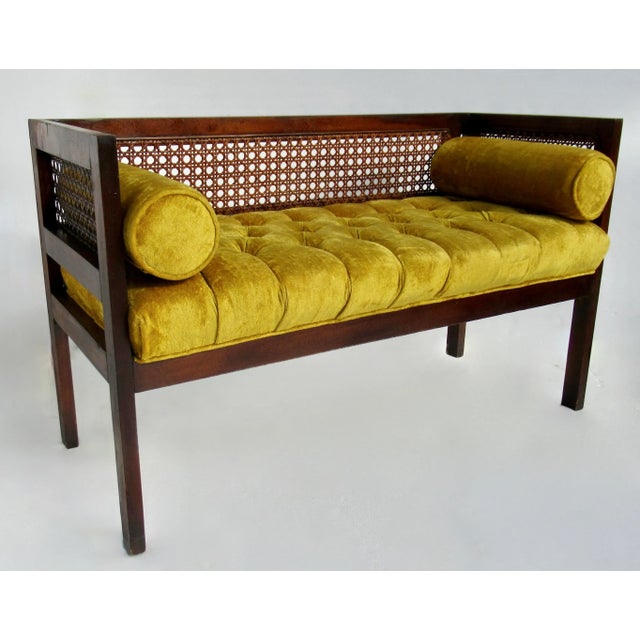 C.1970's Crushed Velvet Velour Button-Tufted Upholstered Caned Wood Bench With Bolster Pillows For Sale - Image 4 of 18
