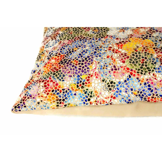 Beige Floral Mosaic Genuine Leather Pillow For Sale - Image 8 of 13