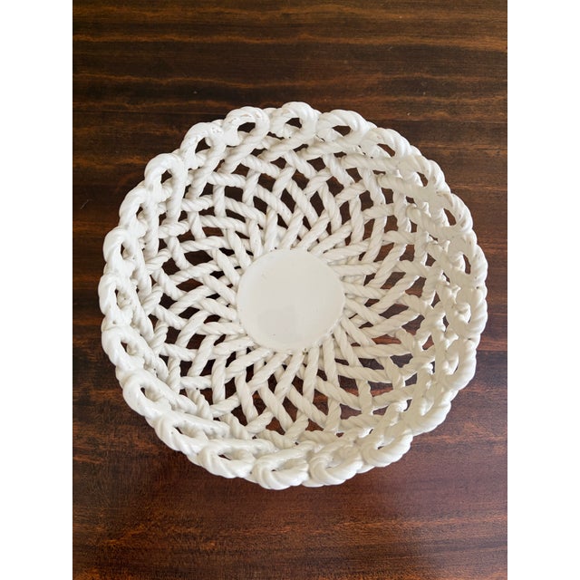 French Country White Ceramic Woven Rope Cachepot Basket or Fruit Bowl For Sale In South Bend - Image 6 of 8