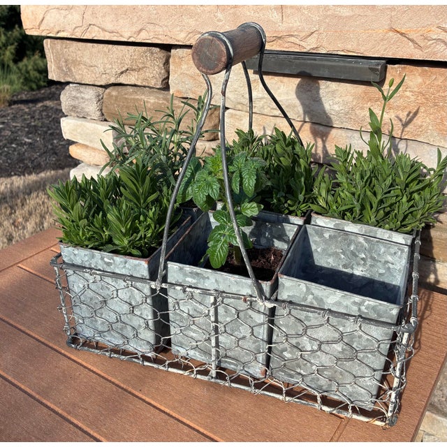 Vintage Rustic French Basket/Caddy features a chicken wire frame basket, with 6 square galvanized metal inserts that are...