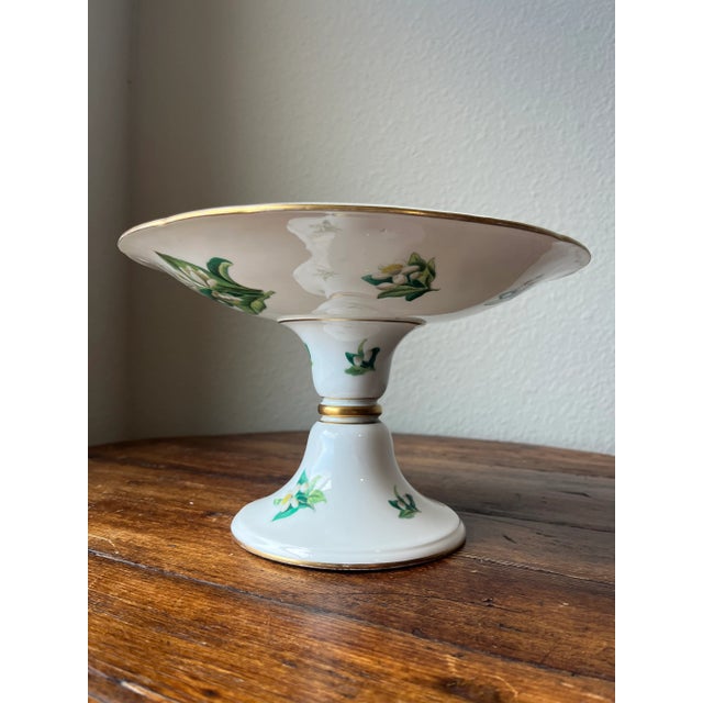 Vintage unmarked pedestal compote. Handpainted Jasmine flowers design. With gold gilt. Some fading on the gold gilt on the...