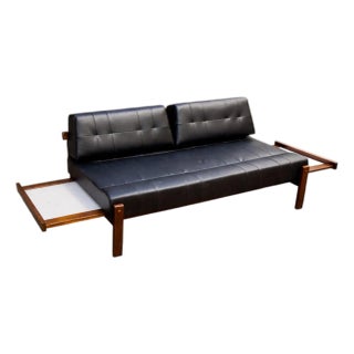 Loveseat With Extendable Side Tables in Hardwood & Leather, Gelli, 1960s For Sale