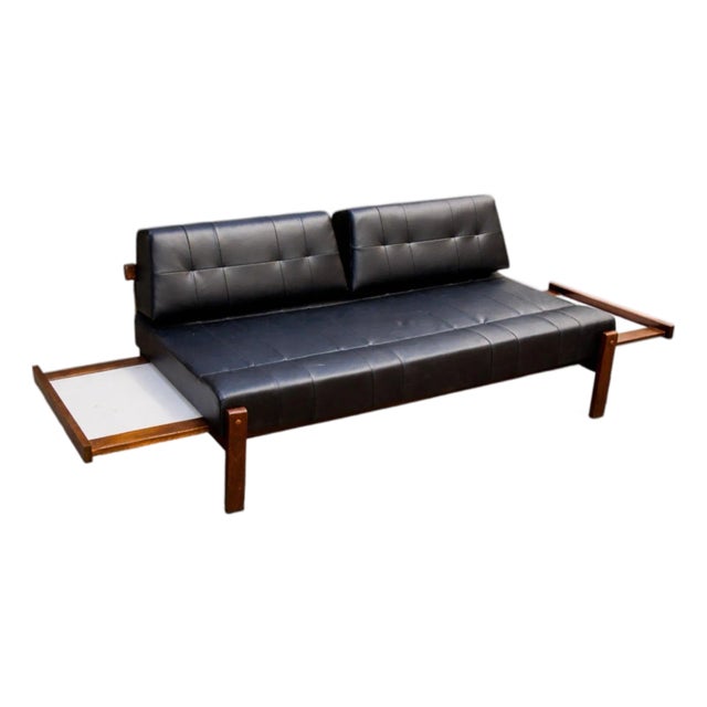 Loveseat With Extendable Side Tables in Hardwood & Leather, Gelli, 1960s For Sale