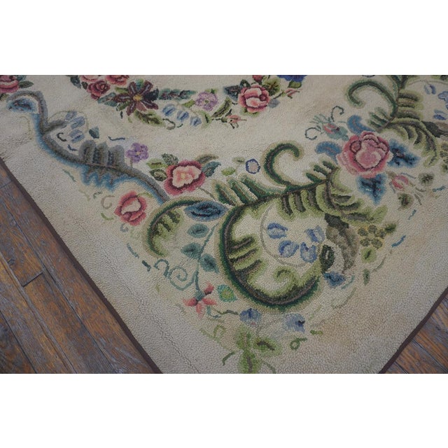 Early 20th Century (1935) Ivory Multicolor Antique American Hooked Rug 4'2" X 7'6" Americana Floral Carpet For Sale - Image 11 of 12