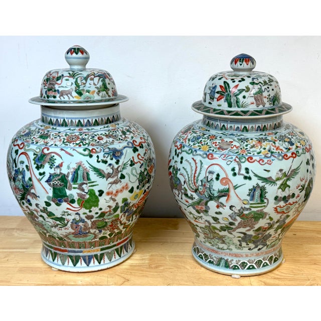 Pair Monumental Chinese Famille Verte Buddhist Ginger Jars, Late Qing Dynasty For Sale - Image 4 of 18