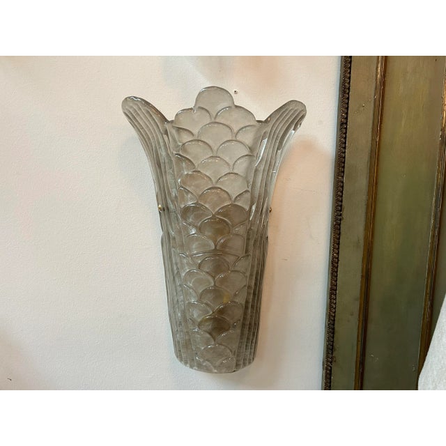 Large Pair Of Art Deco Style Murano Glass Sconces. These beautiful frosted Murano glass sconces have a great soft Art Deco...