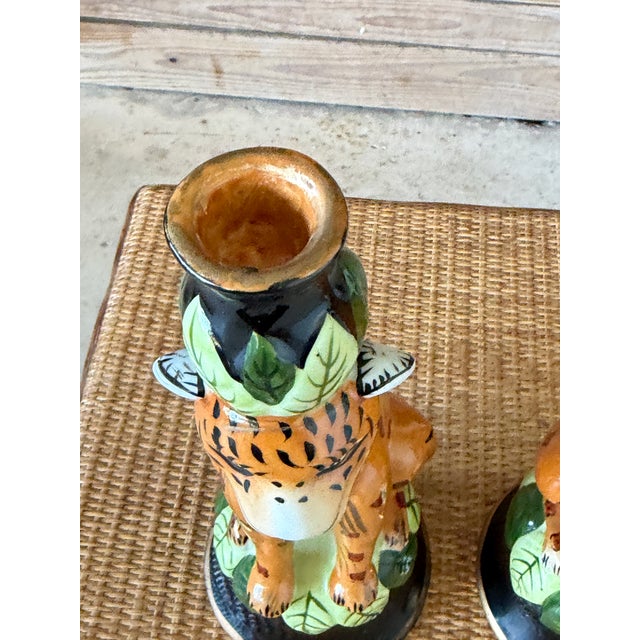 Vintage Regency Leopard Figural Ceramic Candlestick Holders Manner of Lynn Chase-Pair For Sale - Image 9 of 12