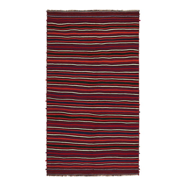1950s Vintage Persian Kilim With Burgundy Red and Navy Blue Stripes by Rug & Kilim For Sale