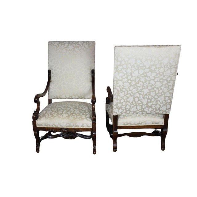 Antique French Louis XIV Style Carved Walnut Ivory White Arm Chairs - Set of 2 For Sale - Image 4 of 18
