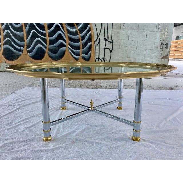 Labarge Mid-Century Modern Chrome X-Base Coffee Table Having Scalloped Brass Glass For Sale - Image 4 of 13