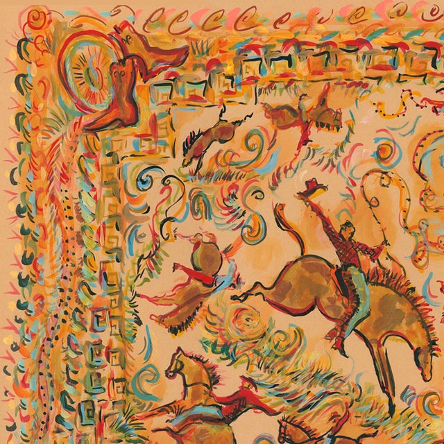 A bandana inspired image with bucking broncos and cowboy boots, trimmed with horseback riders and ten gallon hats.