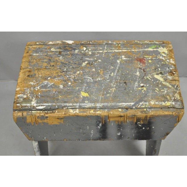 French Country Early 20th Century Antique French Country Primitive Gray Painted Paint Splattered Work Bench Stool For Sale - Image 3 of 11