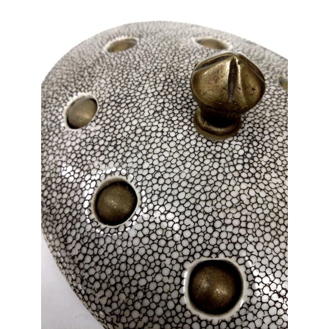 Gray Ceramic Lidded Bowl with Brass & Bamboo Handles For Sale - Image 8 of 10