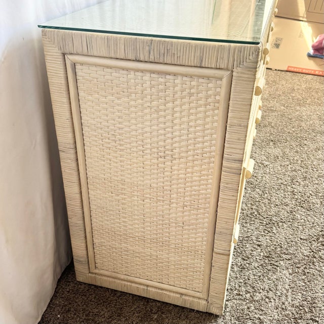 Wood Boho Chic White Washed Wrapped Wicker Glass Top Dresser For Sale - Image 7 of 7