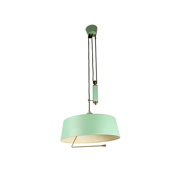 Mid-Century Modern Italian Aquamarine and Brass Counterweight Hanging Lamp from Stilnovo, 1950s For Sale - Image 6 of 10