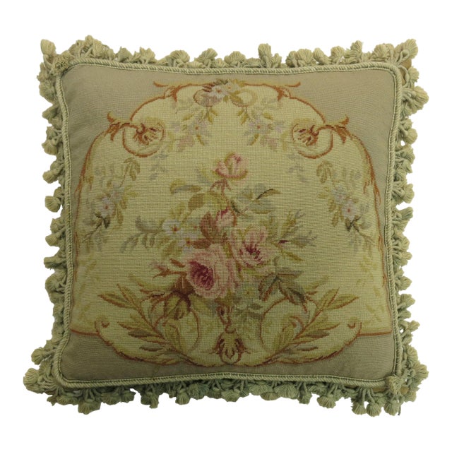 Green Tassel 19th Century Antique French Aubusson Pillow For Sale
