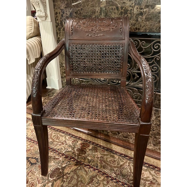 Late 20th Century Carved Mahogany and Cane Dining Chairs - A Pair For Sale - Image 5 of 8