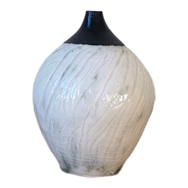 Small Studio Pottery Bud Vase, White Crackle Glaze With Black Neck For Sale