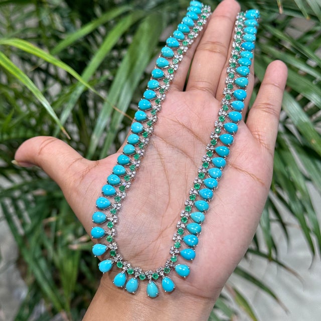 Contemporary Contemporary 47.9ct Turquoise, Emerald & 2.1ct Diamond 14k White Gold Wedding Necklace For Sale - Image 3 of 17