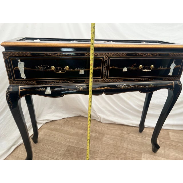 Black Vintage Sofa Table Console Chinoiserie Mother of Pearl Applique Asian Style For Sale - Image 8 of 11