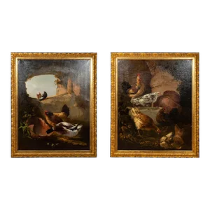 European Oil On Canvas Paintings Of Birds In A Ruin - A Pair