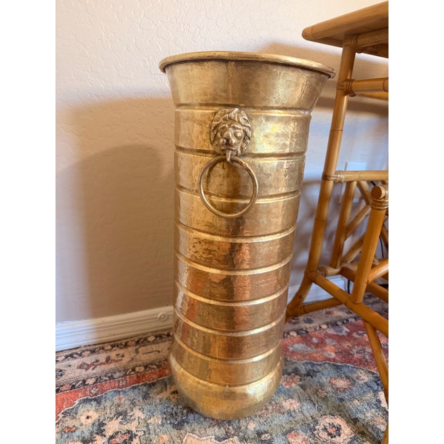 Vintage Hammered Brass Lion Head Umbrella Stand For Sale In Phoenix - Image 6 of 8