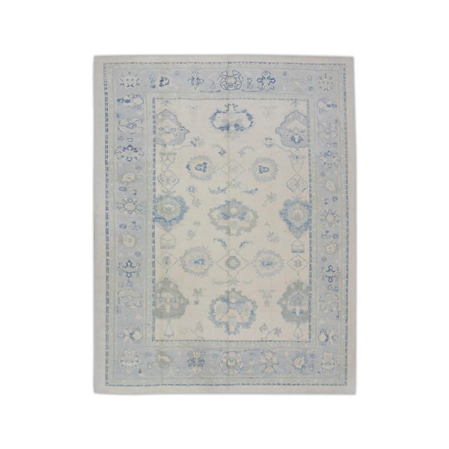 Blue Early 21st Century Cream & Blue Floral Design Handwoven Wool Turkish Oushak Rug 8'10" X 11'1" For Sale - Image 8 of 8