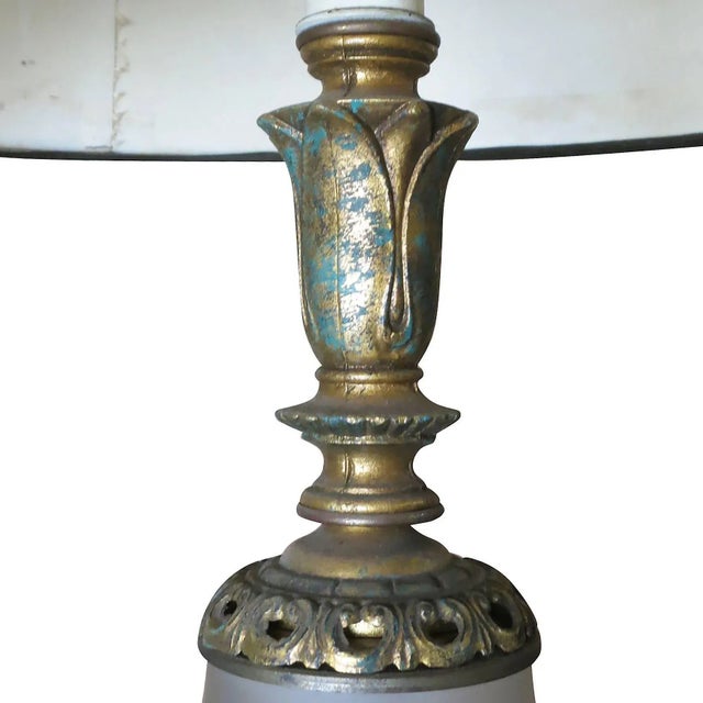 Hand Painted Impasto Frosted Glass Mid-Century Table Lamp With Shade - a Pair For Sale - Image 4 of 10