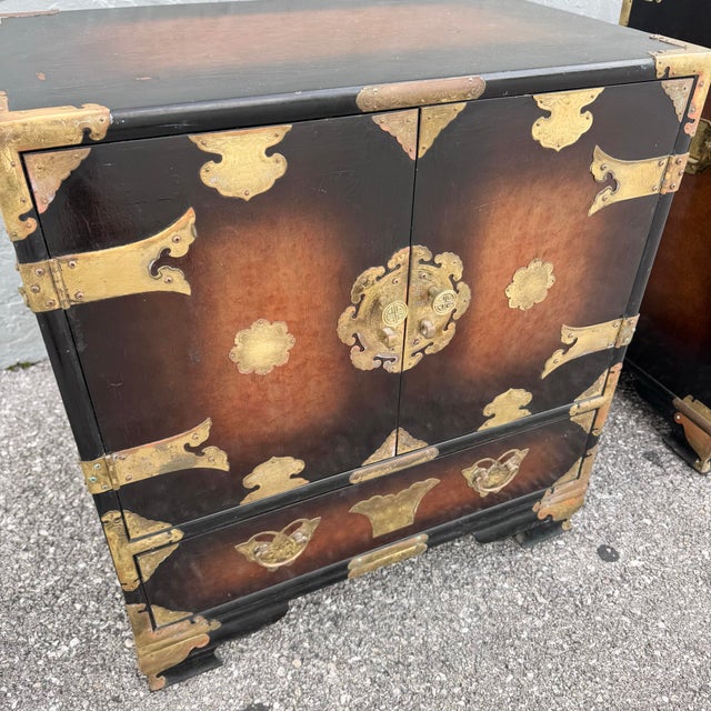 Wood Vintage Chinese Burlwood and Brass Nightstands - A Pair For Sale - Image 7 of 10