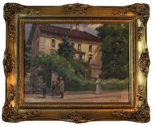 Paul Mishel, Impressionist Street Scene in Ulm, 1890, Oil on Panel, Framed
