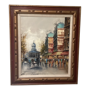 Mid 20th Century Vintage Impressionistic Painting on Canvas Parisian Street Scene Signed by Marchand, Framed
