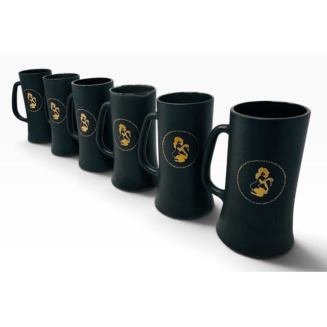 1960s the Playboy Club Matte Black & Gold Glass Beer Steins - Set of 6 For Sale - Image 4 of 12