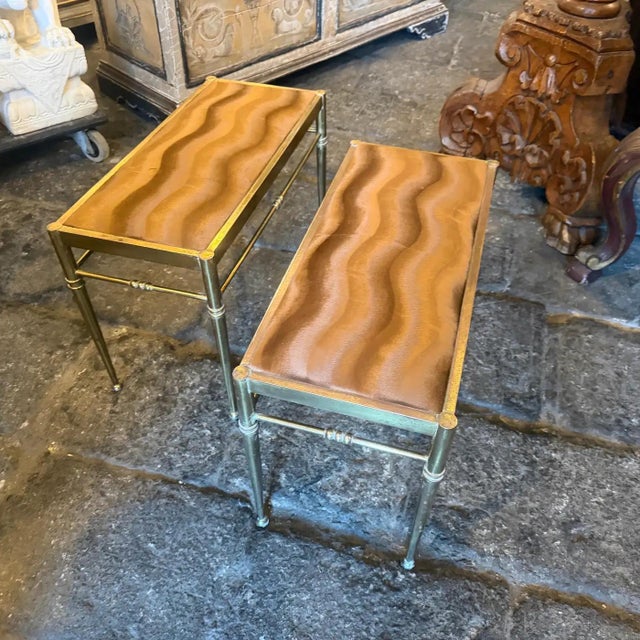 Gio Ponti Two 1950s Mid-Century Modern Brass and Brown Velvet Rectangular Italian Stools For Sale - Image 4 of 16
