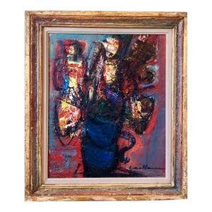 Rodolphe Caillaux, French Post Expressionist Ecole d'Paris Floral Oil Painting Impasto Flowers Vase, c.1950s