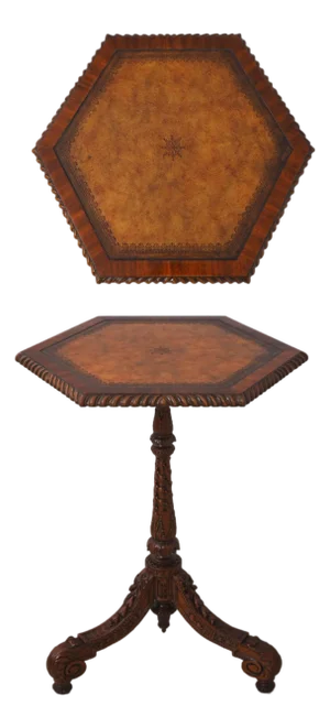 Maitland Smith Mahogany Carved Hexagon Leather Top Pedestal Table