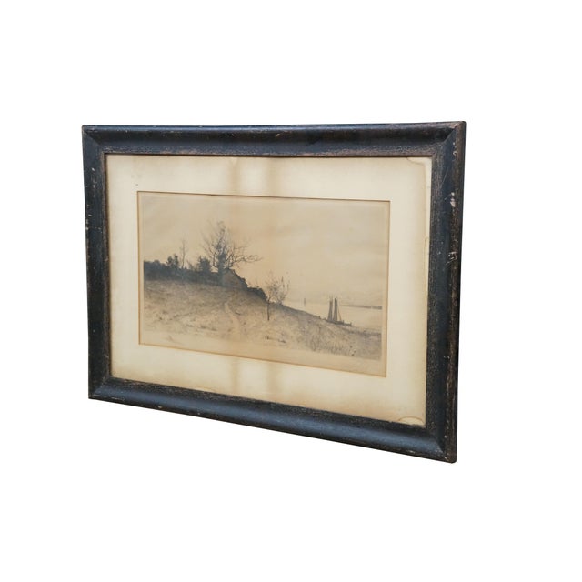 Late 19th century black and white etching by Edward Loyal Field. Landscape showing a house on a small hill, leading down...