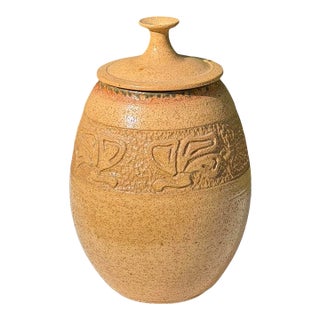 Vintage 10” Handcrafted Lidded Studio Pottery Vessel With Incised Motif For Sale
